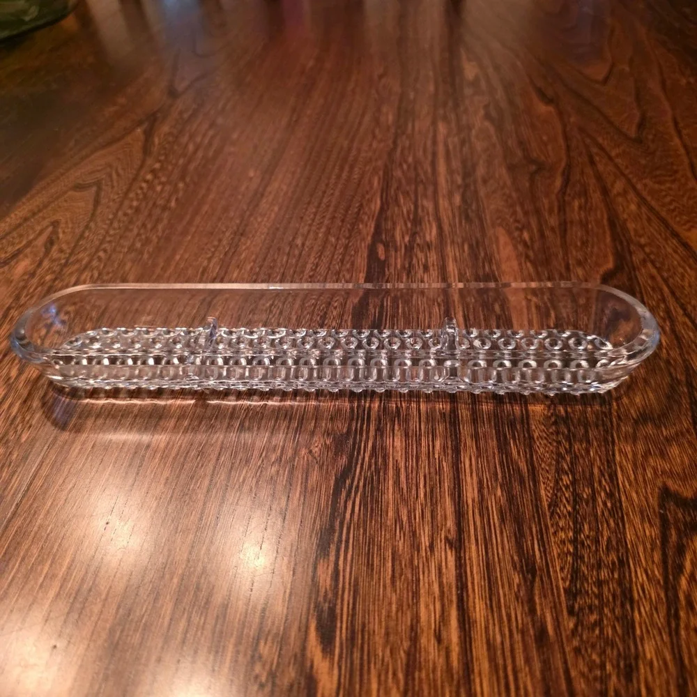 Vintage Clear Hobnail Glass Olive Relish Dish Divided App Serving Tray 9.5in MCM